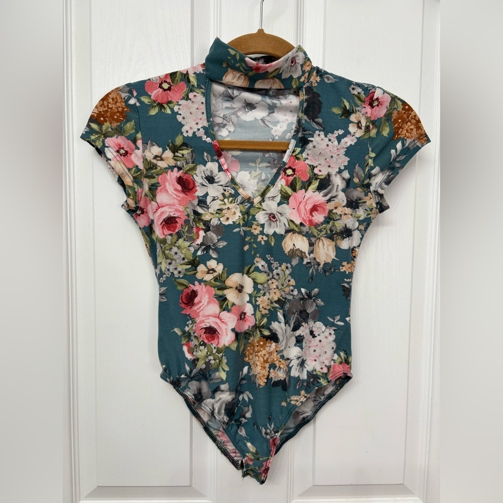 Teal Floral Mock Neck Bodysuit | Vibe S